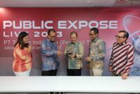 Direktur Keuangan & Manajemen Risiko Telkom Heri Supriadi (tengah), Direktur Strategic Portfolio Telkom Budi Setyawan Wijaya (kedua dari kiri), Direktur Keuangan & Manajemen Risiko Telkomsel Mohamad Ramzy (kedua dari kanan), VP Corporate Communication Telkom Andri Herawan Sasoko (paling kanan) dan VP Investor Relation Telkom Anetta Hasan (paling kiri) pada Public Expose Live Telkom 2023 di Jakarta, Kamis (30/11/2023). Foto; Dok-Telkom.