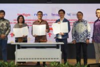 Deputy EVP CX & Digitization, Fauzan Feisal; Senior Manager Indigo, Patricia Eugene Gaspersz; Direktur Pengembangan Ekspor Jasa dan Produk Kreatif Kemendag, Miftah Farid; Chief Operation Officer Nuon Digital, Chandra Thamrin; Direktur Jenderal PEN Kemendag, Didi Sumedi; Chief Executive Officer Nuon Digital, Aris Sudewo usai penandatanganan Berita Acara Kesepakatan (BAK) dari kolaborasi tiga pihak sebagai awal dari upaya meningkatkan kapasitas, kualitas, dan daya saing pelaku industri gim nasional di pasar domestik maupun internasional di Jakarta beberapa waktu lalu. Foto:Telkom
