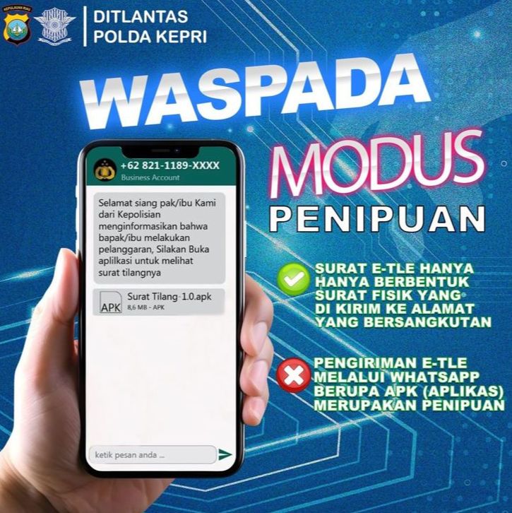 Pesan penipuan tilang elektronik melalui aplikasi whatshap yang diterima masyarakat. Matapedia6.com/Humas Polda