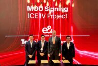 Nabil Baccouche, Group Chief Carrier Wholesale Officer e& (kiri), Seif Mounib, Vice President International and Wholesale Telecom Egypt (kedua dari kanan) dan Budi Satria Dharma Purba, Chief Executive Officer (CEO) Telin (paling kanan) saat penandatanganan MoU Pengembangan SKKL ICE System IV Project di Dubai (7/2). Foto:Dok/Telkom