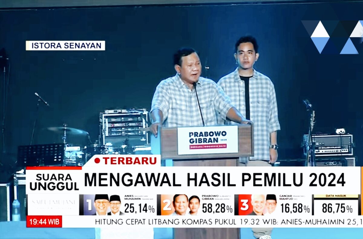 Pasangan calon presiden dan wakil Presiden Prabowo Subianto dan Gibran Raka Bumingraka saat memberikan pidato di Istora Senayan Jakarta, Rabu (14/2/2024). Matapedia6.com/ Screenshot YouTube