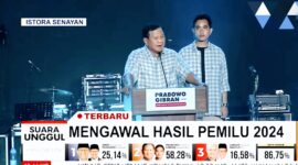 Pasangan calon presiden dan wakil Presiden Prabowo Subianto dan Gibran Raka Bumingraka saat memberikan pidato di Istora Senayan Jakarta, Rabu (14/2/2024). Matapedia6.com/ Screenshot YouTube