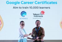 Direktur Digital Business Telkom Fajrin Rasyid (kanan) menerima cindera mata dari Direktur Hubungan Pemerintahan dan Kebijakan Publik Google Indonesia Putri Alam di Jakarta beberapa waktu lalu. Foto:Telkom