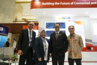 Menteri Perhubungan Budi Karya Sumadi (keduda dari kanan), Direktur Group Business Development Telkom Honesti Basyir (paling kanan), Direktur Utama Nutech Dina Hakiki (kedua dari kiri) dan Ketua ITS William Sabandar (paling kiri) saat mengunjungi Booth Nutech pada ITS Asia Pacific Forum 2024 beberapa waktu lalu. Foto:Telkom
