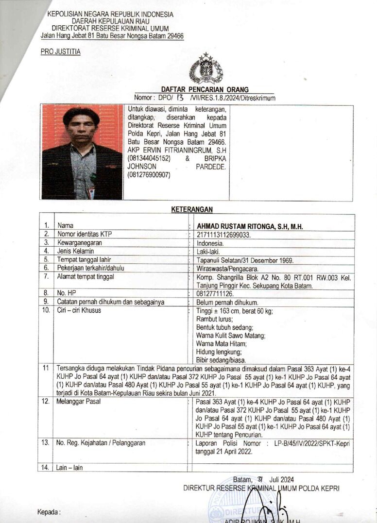 Surat DPO yang diterbitkan oleh Ditreskrimum Polda Kepri