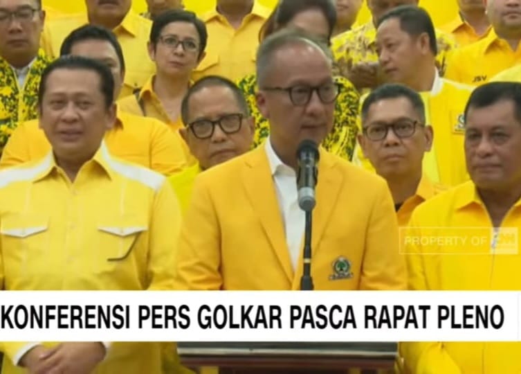 Konferensi pers Partai Golkar usai menggelar rapat pleno dan menetapkan Agus Gumiwang Kartasasmita sebagai Pelaksana Tugas (Plt) Ketua Umum (Ketum) Partai Golkar. Matapedia6.com/ screenshot