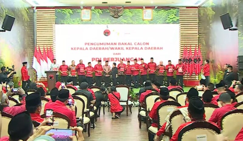 Partai Demokrasi Indonesia Perjuangan (PDIP) Umumkan sekaligus serahkan surat rekomendasi Calon Gubernur dan juga Bupati dan wali Kota di Indonesia, di Kantor DPP PDIP, Jalan Diponegoro, Jakarta Pusat, Rabu (14/8/2024).Matapedia6.com/Screenshot Youtube PDI Perjuangan