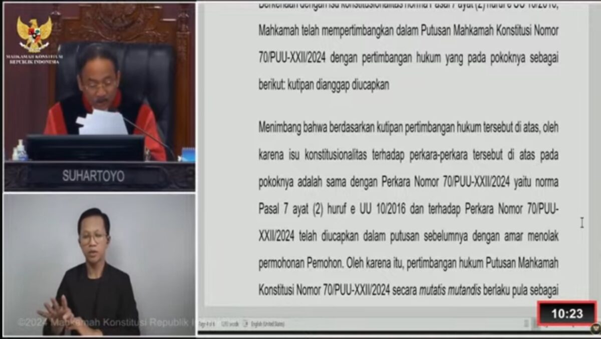 Mahkamah Konstitusi saat membacakan peraturan pencalonan kepala daerah pada Pilkada Serentak 2024, Selasa (20/8/2024). Matapedia6.com/Screenshot youtube MK.