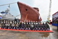Galangan kapal Batam PT Palindo Marine  Sei Lekop, Sagulung, sukses luncurkan kapal canggih untuk pemetaan, deteksi dan survei bawah laut milik Kementerian Pertahanan (Kemenhan) RI, jenis kapal Bantu Hidro Oseanografi (BHO) Ocean Going dengan panjang 105 meter, Selasa (24/9/2024). Matapedia6.com/ Luci