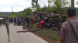 Mobil boks angkutan sembako terbalik di pinggir jalan Dam Muka Kuning, Jumat (11/10). Foto:Luci/matapedia