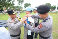 Wakapolda Kepri, Brigjen Pol Asep Safrudin saat menyematkan tanda dimulainya operasi Zebra di Kota Batam, kegiatan di laksanakan   di lapangan utama Polda Kepri, Senin (14/10/2024). Matapedia6.com/Dok Humas Polda