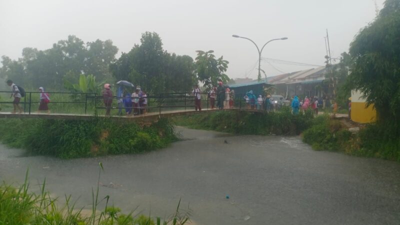 Anak murid SDN013 Marina saat melintas dari jembatan yang dibangun oleh warga secara swadaya untuk memperpendek jarak sekolah dengan pemukiman, Senin (11/11/2024). Matapedia6.com/ Istimewa