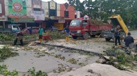 Petugas Dinas Marga tengah bersihkan jalan yang amblas akibat hujan, Kamis (16/1). Foto:Rega/matapedia