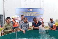 Kalapas Batam Yugo saat tabur bibit ikan nila pada Senin (17/2). Foto:Rega/matapedia