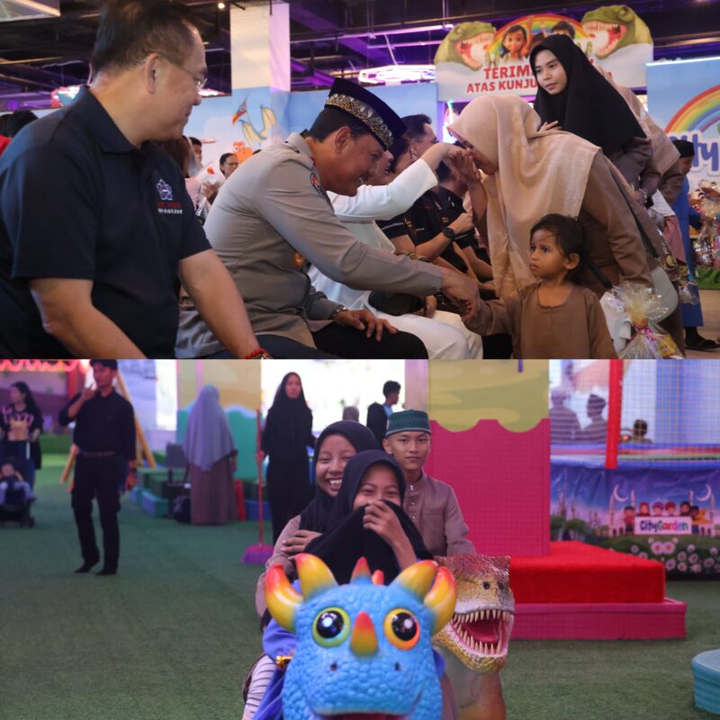 Keluarga besar Bid humas Polda Kepri bersama anak-anak dari panti asuhan di Batam bermain dan berbuka puasa bersama di City Garden Pollux Habibie, Batam Centre, Senin (10/3/2025). Matapedia6.com/Luci