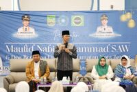 Wali Kota Batam Amsakar Achmad saat memberikan sambutan di peringatan Maulid Nabi Muhammad SAW yang dirangkai dengan doa bersama untuk keselamatan Kota Batam, Jumat (5/9/2025). Matapedia6.com/Diskominfo