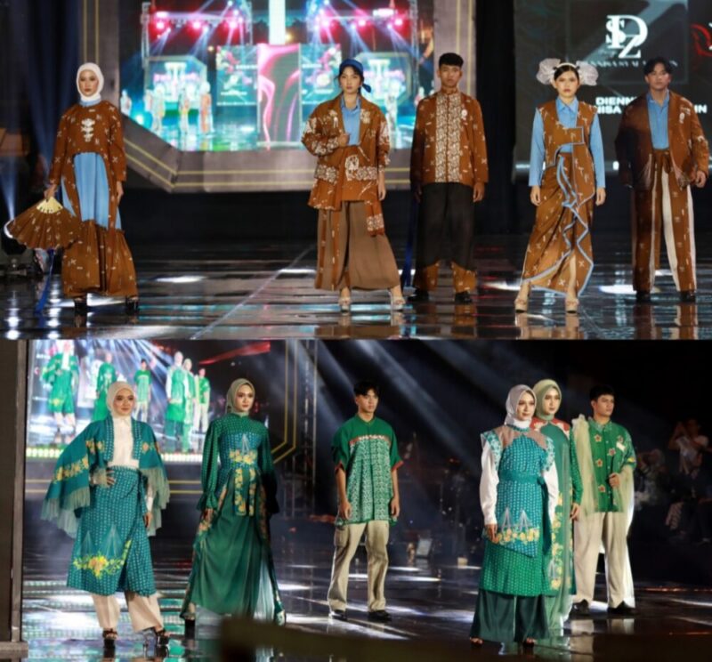 Model yang dihadirkan Dekranasda untuk memamerkan 10 motif Batik Barelang hasil karya para perajin lokal Batam yang memukau ratusan pasang mata pada Malam Puncak Batam Batik Fashion Week (BBFW) 2025, di Engku Putri Batam Centre, Sabtu (4/10/2025). Matapedia6.com/Diskominfo