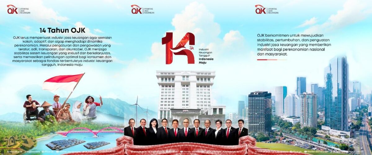 Banner ucapan selamat ulang tahun ke 14 OJK. Foto:Ist
