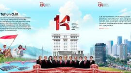 Banner ucapan selamat ulang tahun ke 14 OJK. Foto:Ist