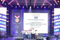 JNE menerima piagam penghargaan dari Museum Rekor Indonesia (MURI) atas pencapaian rekor sebagai Perusahaan Jasa Pengiriman yang Memberangkatkan Umrah Karyawan Terbanyak dalam Kurun Waktu 3 Bulan. Foto:Istimewa