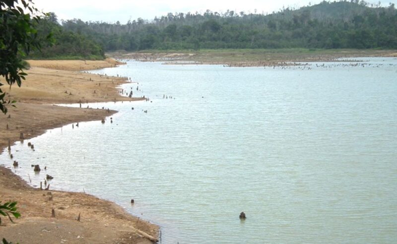 Kondisi waduk Muka Kuning yang sudah mulai membentuk garis pinggir akibat penurunan debit air, dampak musim panas yang terjadi saat ini di Kota Batam, Rabu (11/2/2026). Matapedia6.com/Istimewa