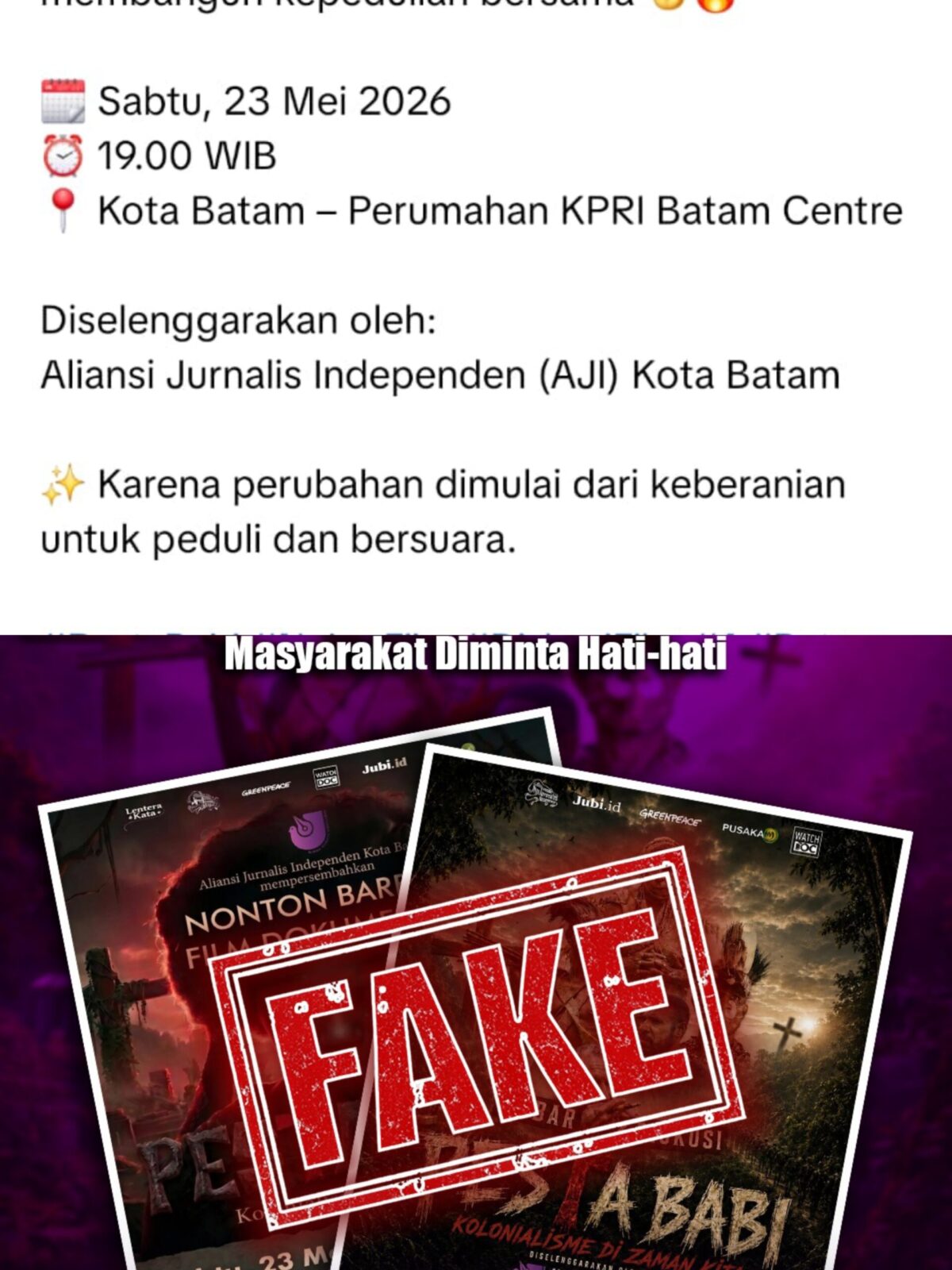Tangkapan layar beredar di media sosial AJI menyelenggarakan nonton bareng palsu alias tidak benar. Foto:Ist