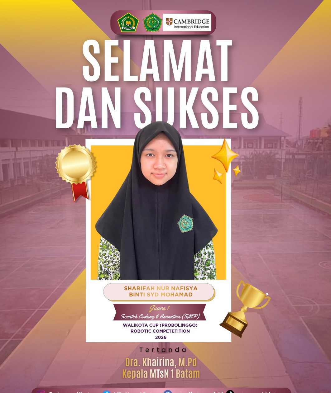 Siswi MTsN 1 Batam Sharifah Nur Nafisya. Foto:Dok. MTsN