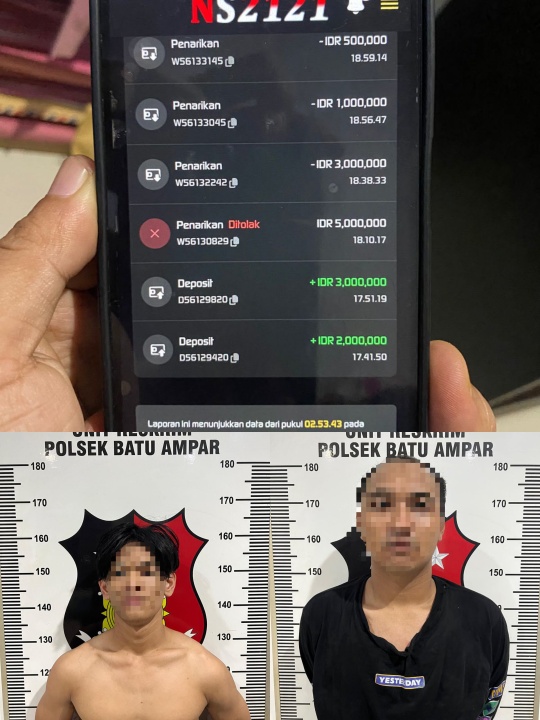 Terduga pelaku pemerasan dan penganiayaan terhadap WN Malaysia ditangkap bersama barang bukti di Polsek Batu Ampar. Foto:Istimewa